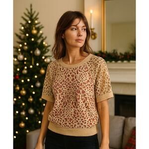 Robert Rodriguez Tan & Orange l Lace Overlay Top Small l Feminine Boho Romantic